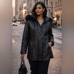 Bod & Christensen Black Leather Coat Size L Quilted Lined Hooded Jacket